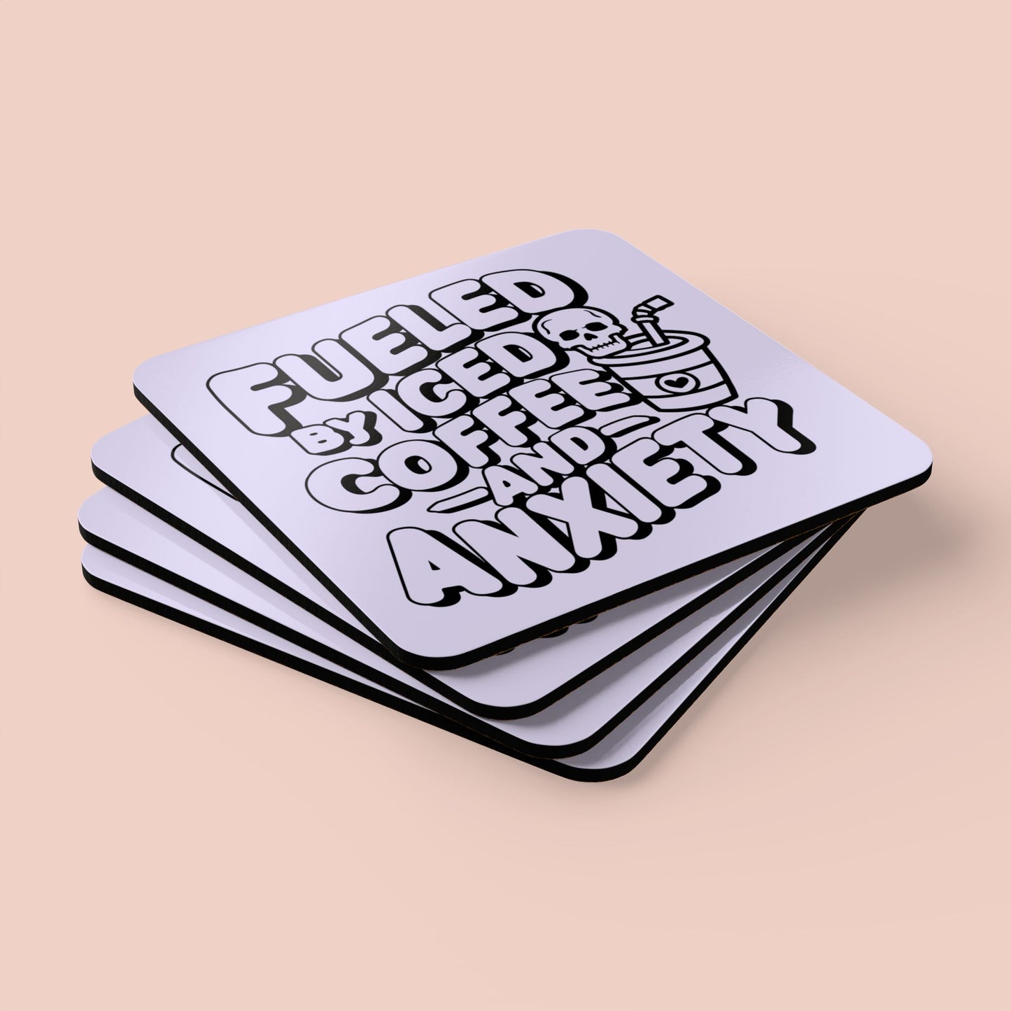 Fueled by Iced Coffee & Anxiety Corkwood Coaster Set