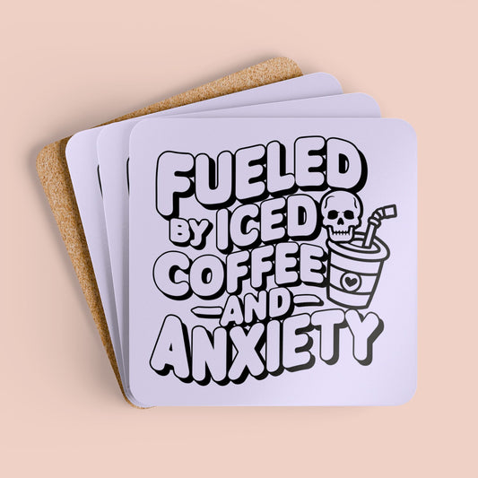 Fueled by Iced Coffee & Anxiety Corkwood Coaster Set